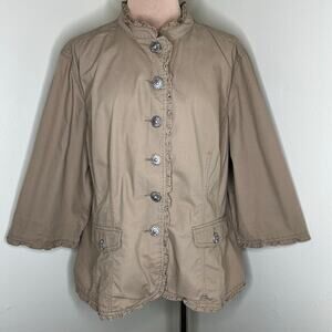 Christiana Zinn Jacket 2X Plus Womens Khaki Tan Ruffle Trim 3/4 Sleeve Button Up